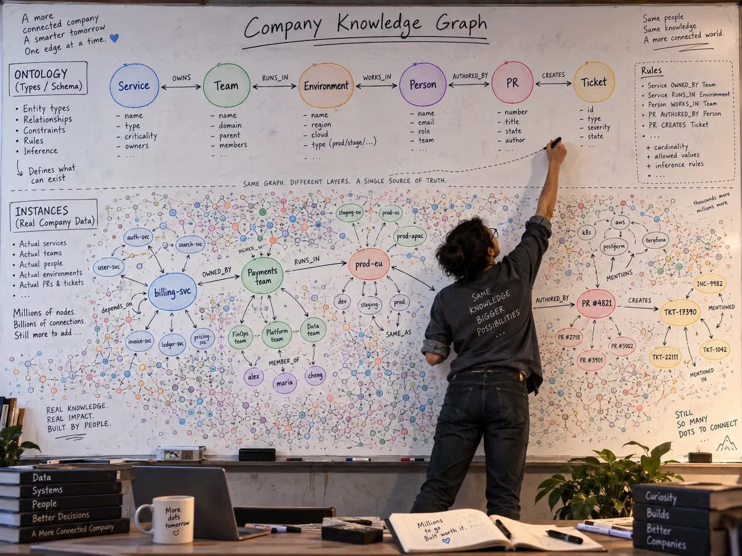 A whiteboard showing a company knowledge graph: the ontology layer of types and rules above, and the instance layer of real services, teams, environments, PRs and tickets below.